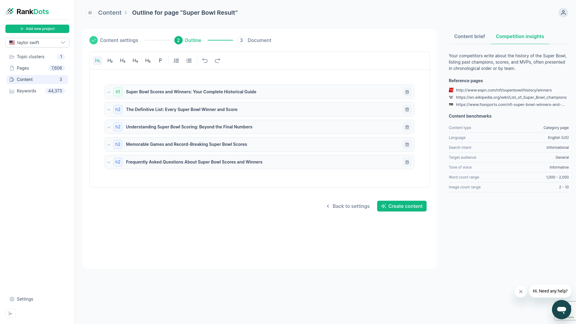 RankDots competition insights showing live SERP analysis and top 10 URL overlap