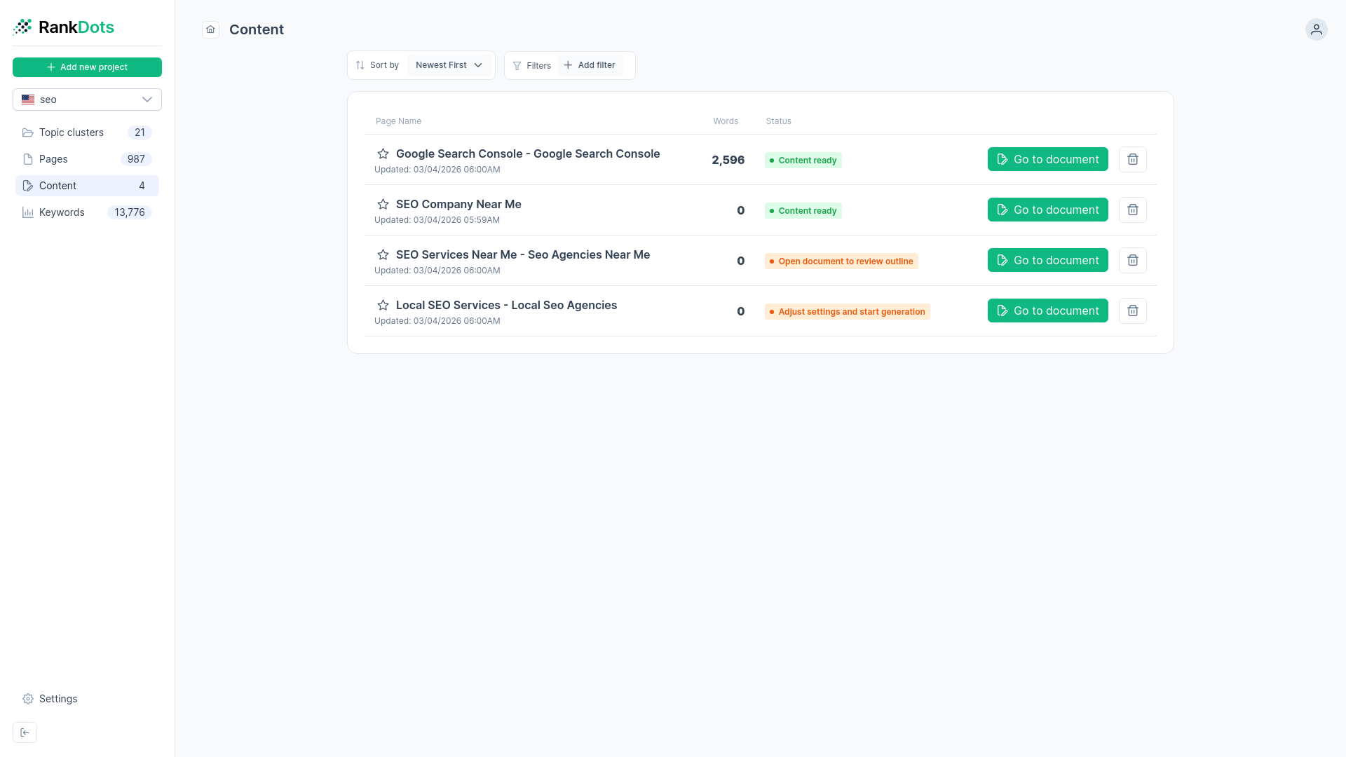 Content staging dashboard displaying pending articles with zero word counts and adjust settings status