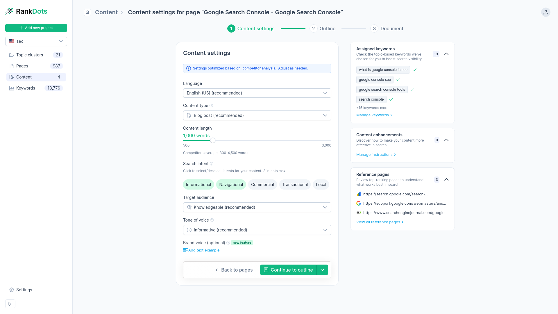 Dashboard showing a verified topic cluster transitioning into the AI content writer