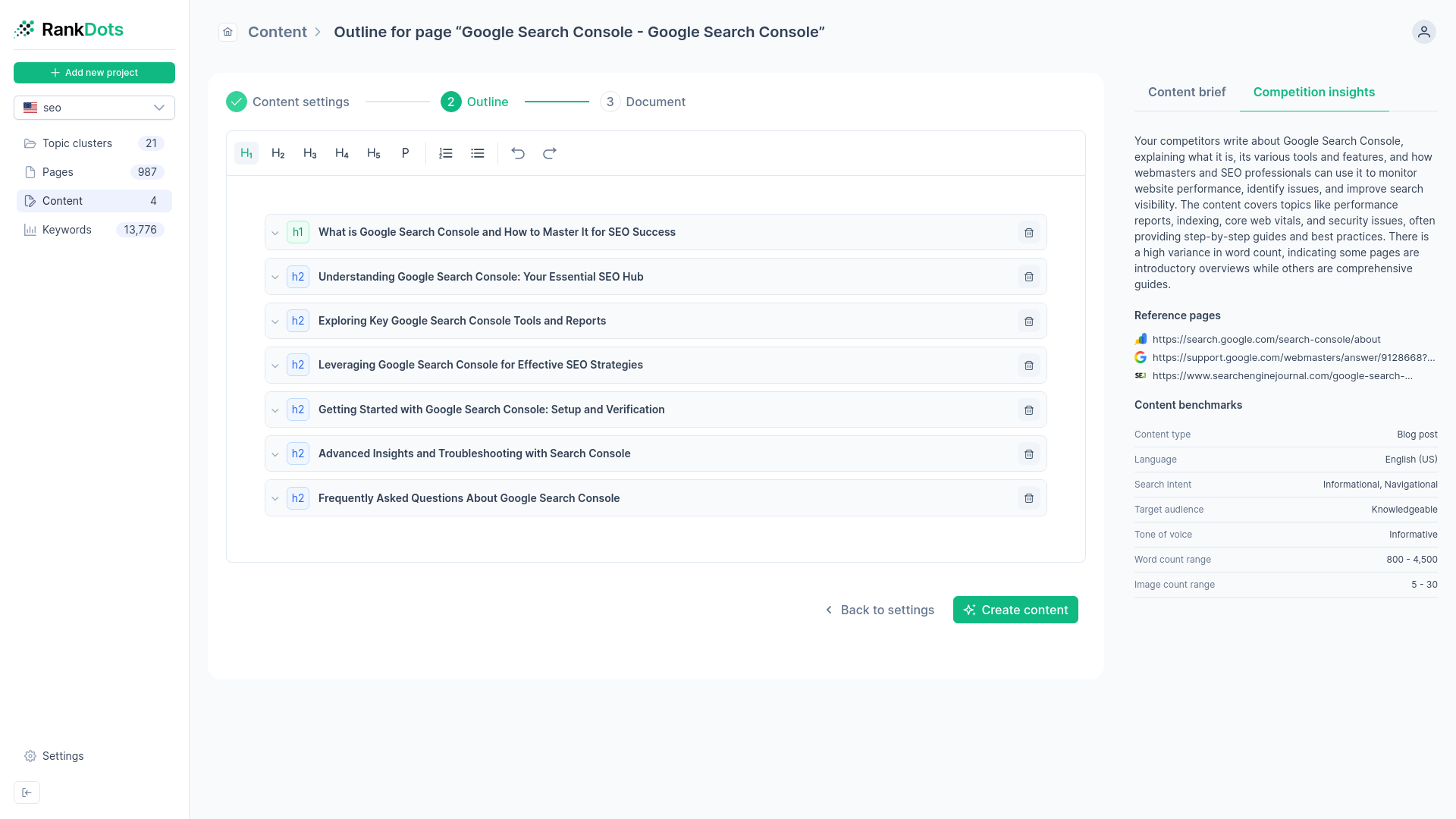 Dashboard comparing existing page subtopics against top ranking competitors with missing keywords highlighted