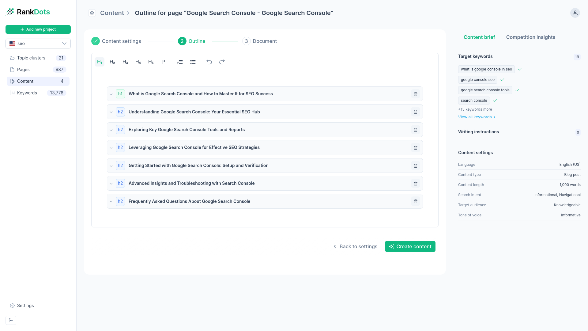 RankDots AI content editor displaying auto-generated headings and semantic term recommendations in the sidebar.