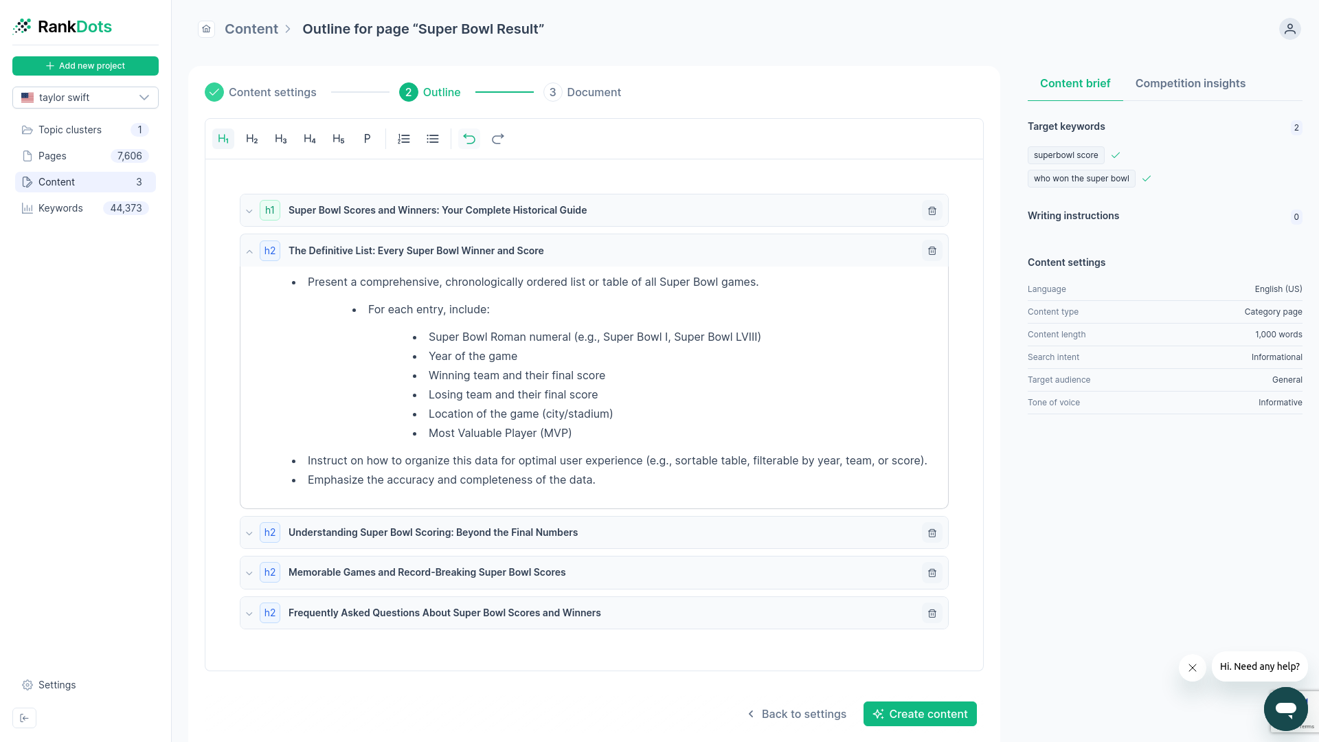 RankDots document outline feature showing primary and secondary target keywords distributed into H1 and H2 headers