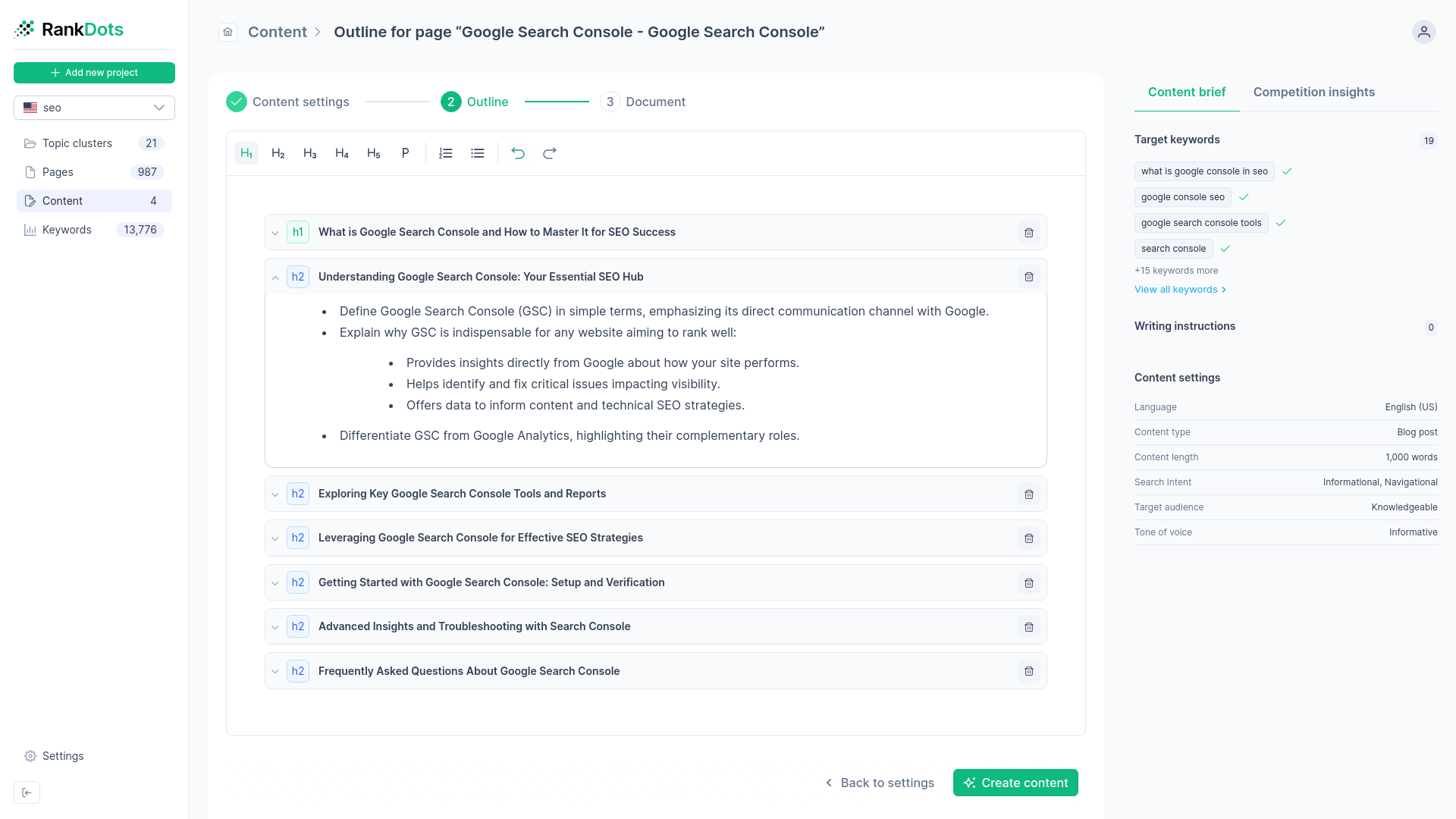 RankDots outline editor displaying manual modification controls without AI generation buttons