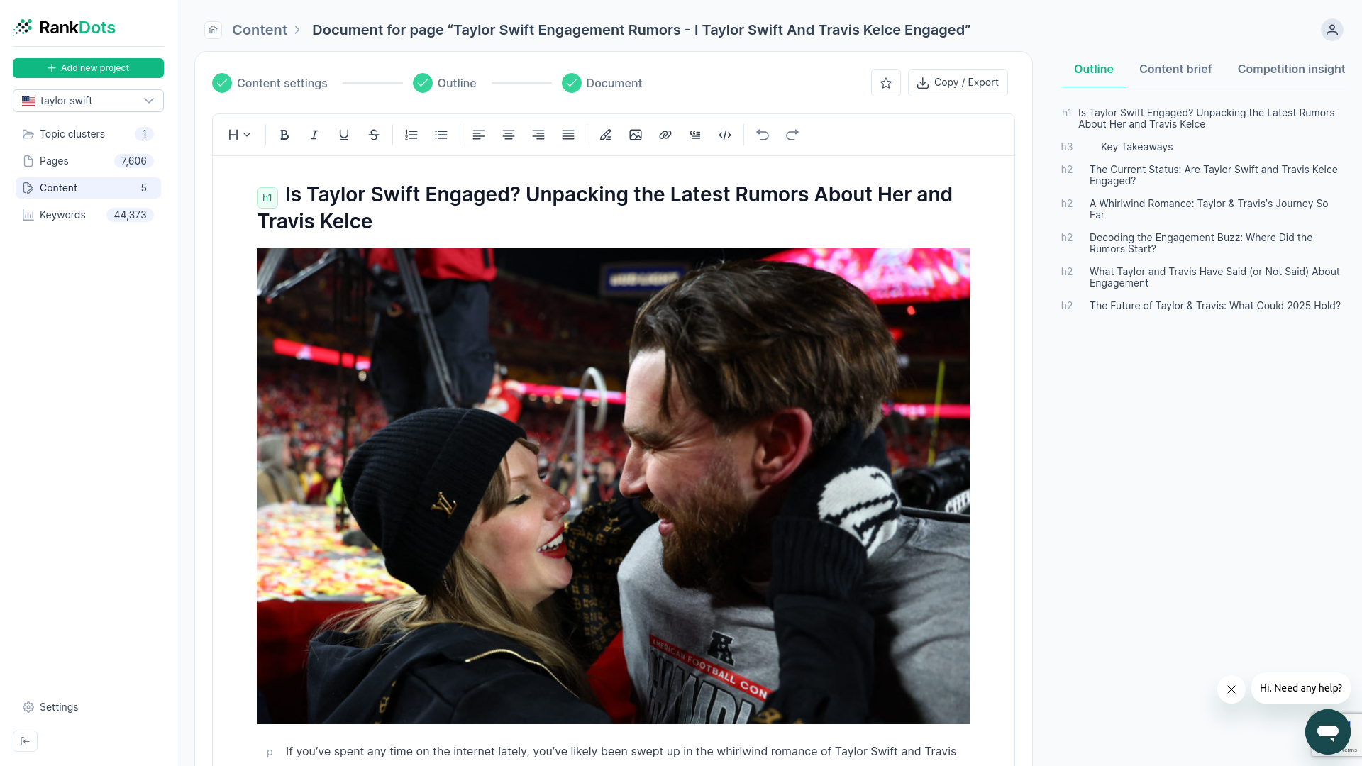 RankDots built-in AI writer generating draft content with required H2 and H3 subtopics