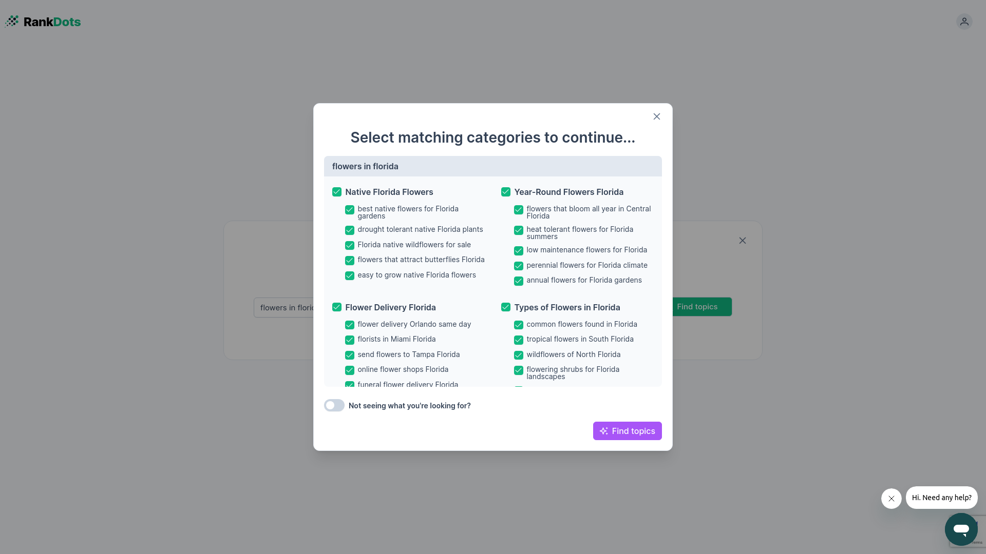 RankDots topic refinement interface displaying automated keyword grouping and cluster architecture